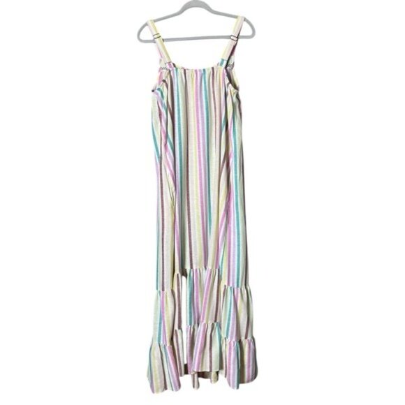 Cottagecore Linen Maxi Dress Large Rainbow Beachy Striped Ruffle Feminine Pastel - Picture 5 of 11